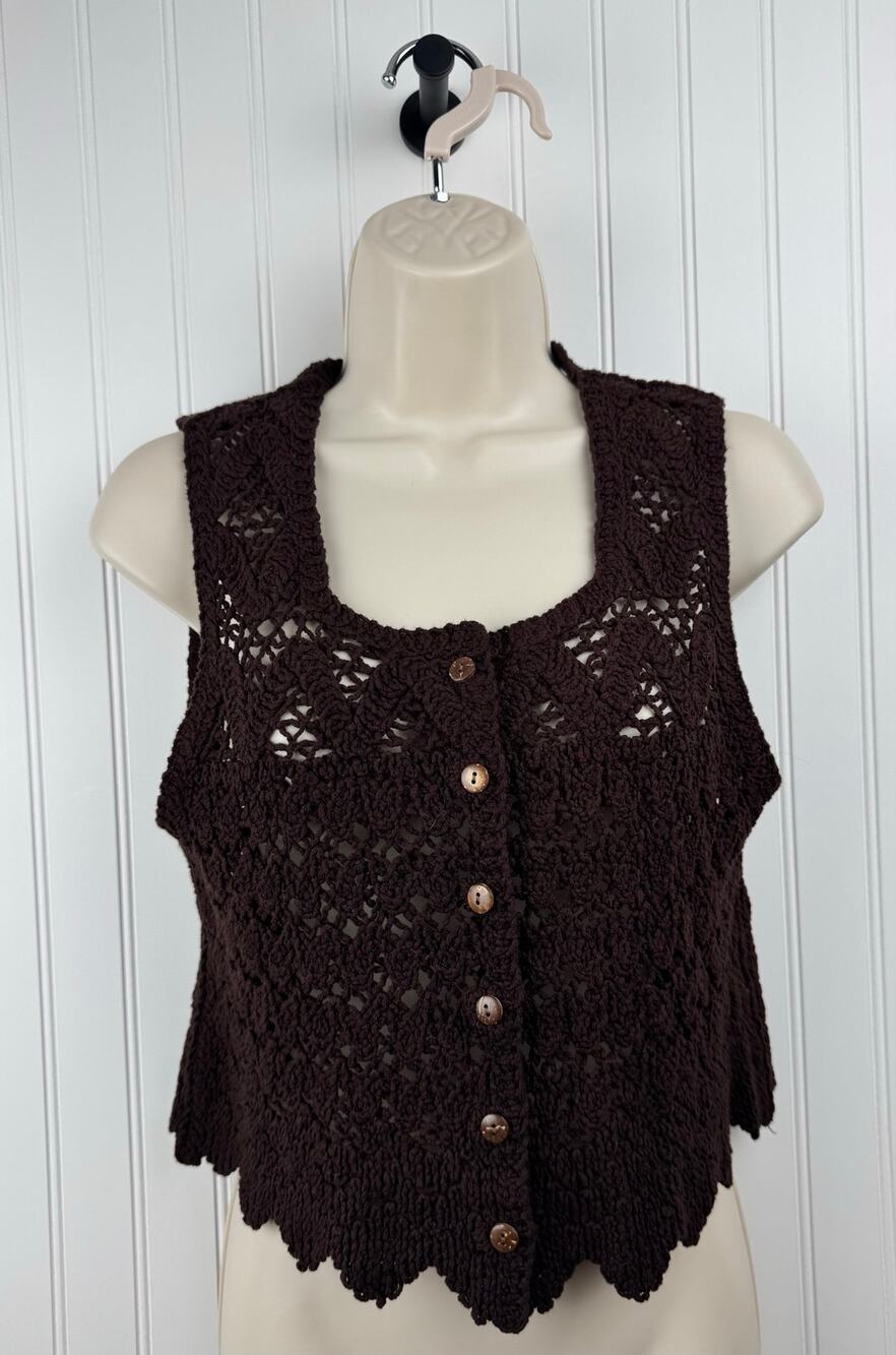Rebellion Brown Crochet Knit Button Front Sweater Tank Top Medium